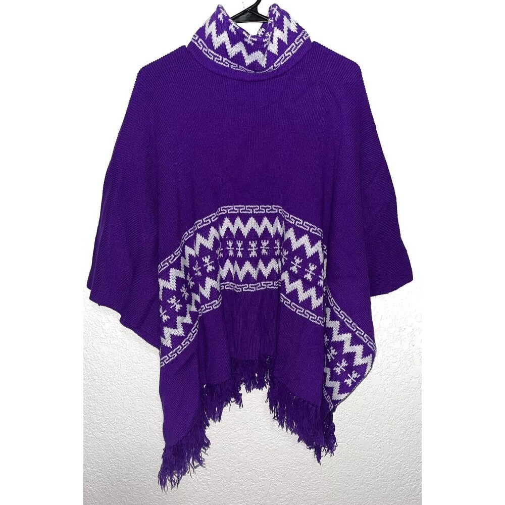 Wool Turtleneck Pullover Poncho Purple White Women One Size Geometric Design